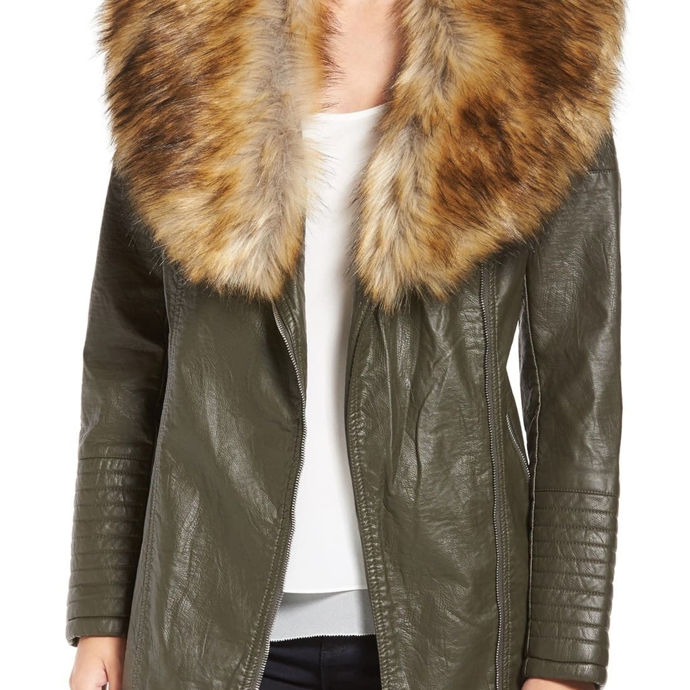 Love Token Green Leather Jacket with Brown Fur Collar and Quilted Sleeves